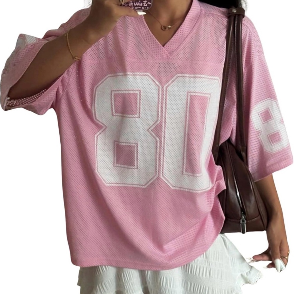 Pink Mesh V-Neck Jersey Top with White '80' Graphic